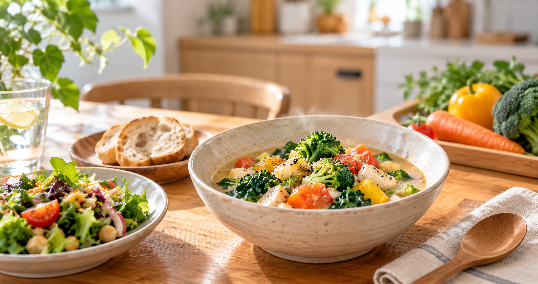 野菜たっぷりのスープとサラダが並ぶ一人暮らし向けの食卓