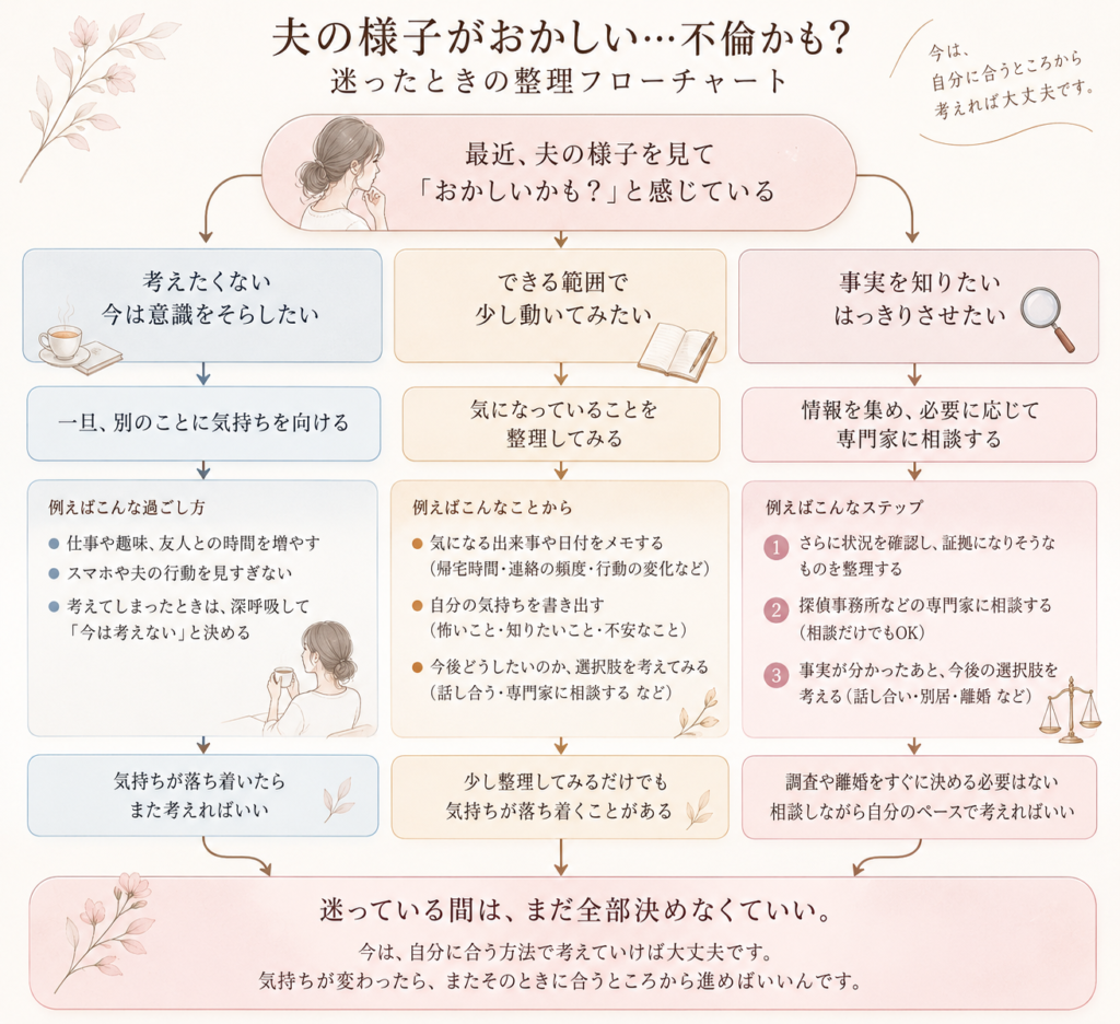 夫の不倫を疑ったときの気持ちと次の行動を整理するフローチャート」