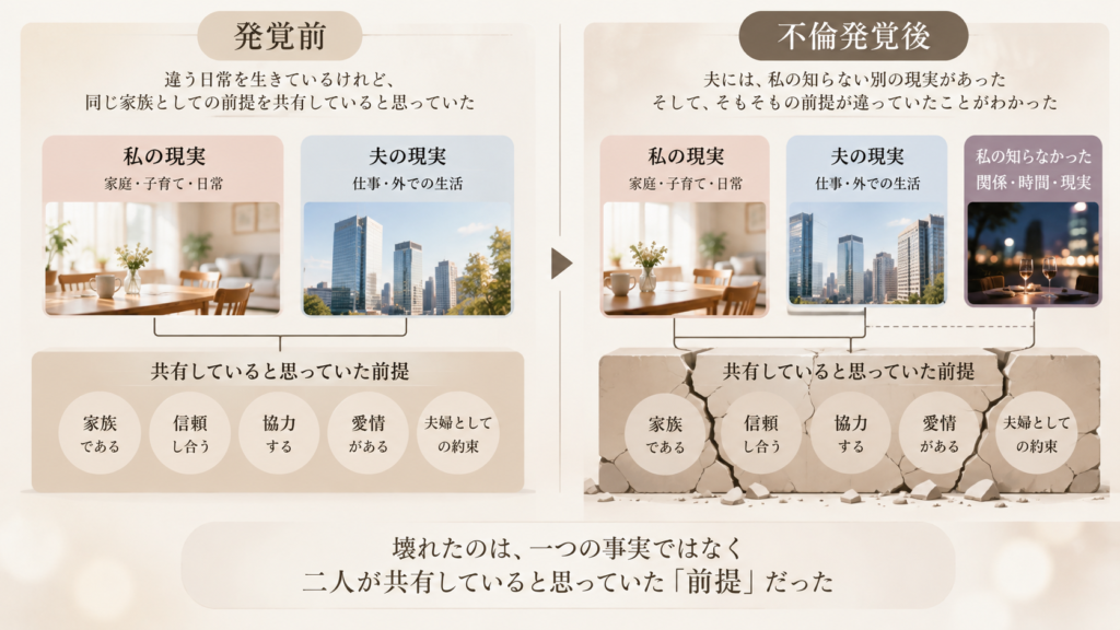 不倫発覚前は「家族・信頼・協力・愛情・夫婦の約束」という共通の前提の上に夫婦それぞれの日常があり、発覚後にその前提が崩れた感覚を表した図解