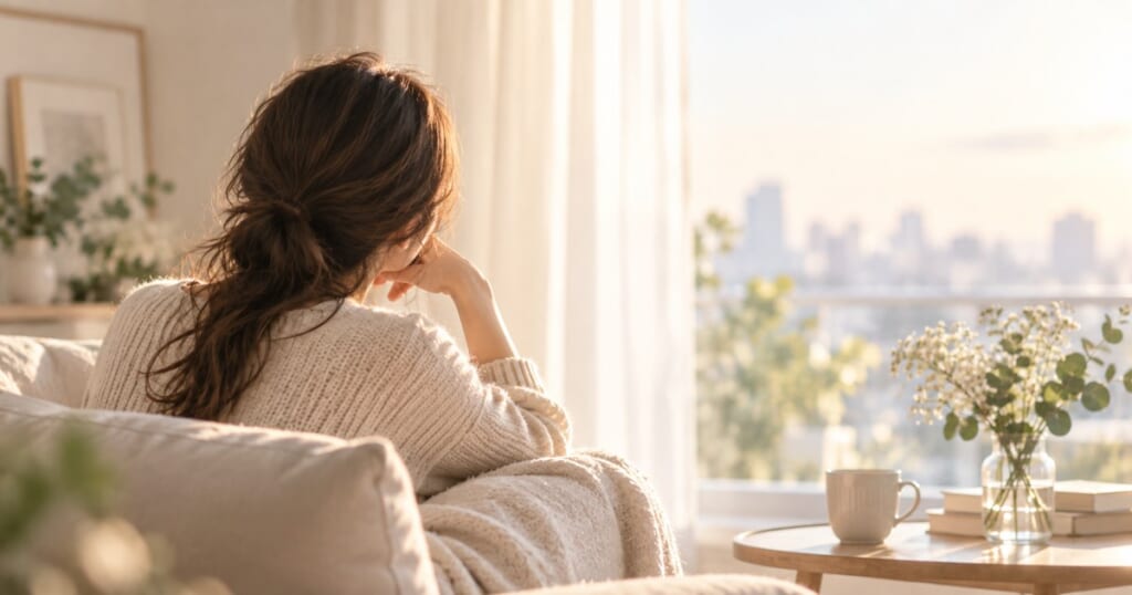 夫の様子に違和感を覚え、窓辺で静かに考える女性の後ろ姿