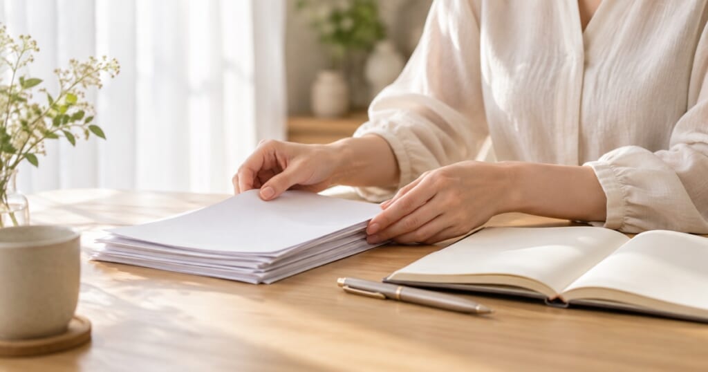 柔らかな光が差す机で、資料とノートを前に書類を整理する女性の手元